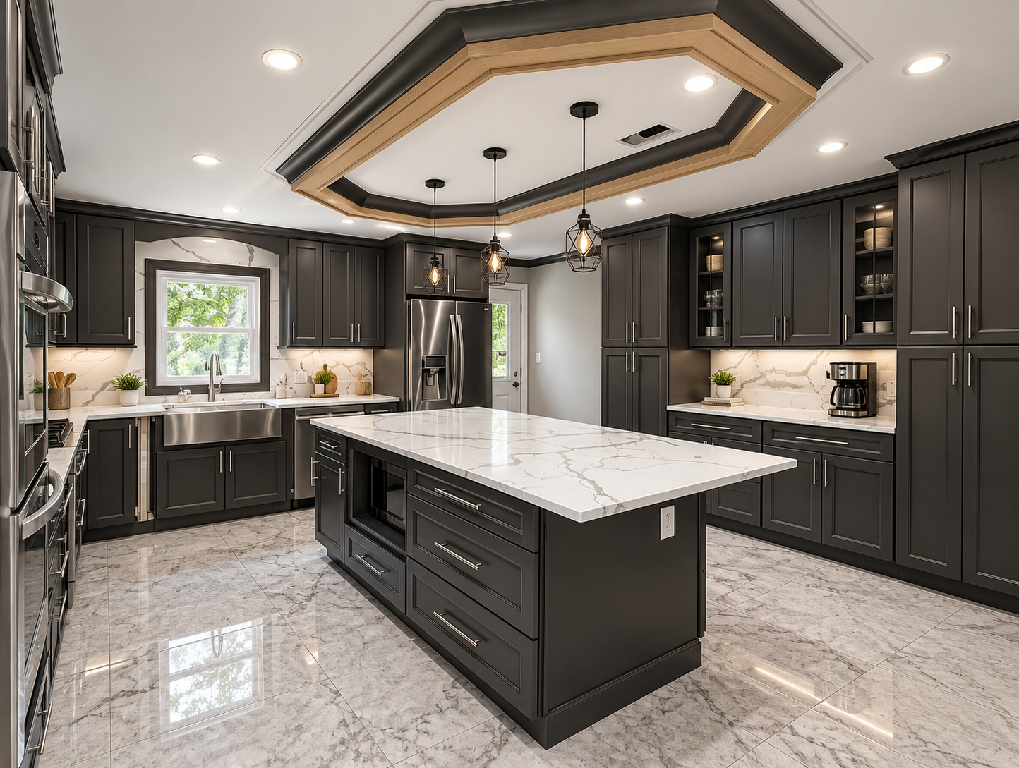 Custom kitchen with black cabinetry, a large stone island, architectural ceiling trim, and pendant lighting.